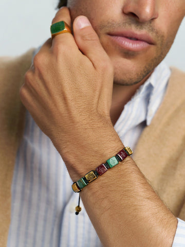 Nialaya Men's Flatbead Bracelet Men's Ceramic Flatbead Bracelet in Green, Red, Brown Tiger Eye, Green Jade and Gold Men's Ceramic Flatbead Bracelet in Green, Red, Brown Tiger Eye, Green Jade and Gold